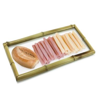 Imagem de Bandeja de Vidro e Bambu Natural Prancha Aparador para Servir Petiscos Aperitivos Doces Decoração Mesa Posta