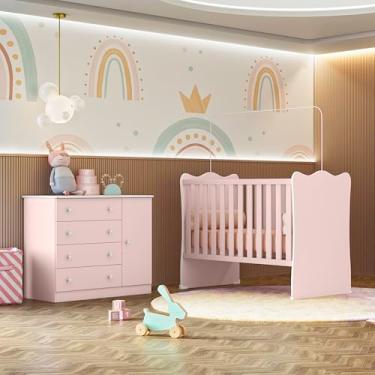 Imagem de Quarto de Bebê Doce Sonho com Cômoda 2561 e Berço Simples 1 Qmovi Rosa Acetinado + Colchão Physical