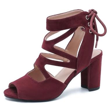 Imagem de fereshte Sandália feminina gladiadora com tiras com cadarço, vazada, salto alto grosso, Borgonha, 39