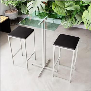 Imagem de Conjunto Mesa Alta Bar Bistrô Quadrada Vidro 2 Bancos Estofado Industrial White (Preto)