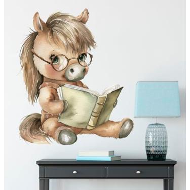 Imagem de Adesivos de decalque de parede de livro de leitura de pônei, adorável decoração de animais de cavalo vinil à prova d'água murais de papel de parede removíveis para berçário crianças quarto de bebê