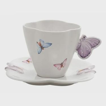 Imagem de Conjunto 6 Xícaras de Chá de Porcelana com Pires Borboletas Branco 200ml 17986 - Wolff