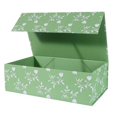 Imagem de LFBOX Caixa de presente de folhas verdes com tampas magnéticas 35 x 21 x 11 cm, grandes caixas de pedido de dama de honra, caixa de armazenamento retangular decorativa de casamento, 1 pacote