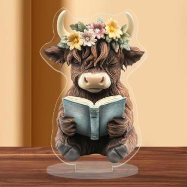 Imagem de CAEJCCL Placa decorativa transparente de mesa Highland Cow Read Book Gifts for Women Friends Coworker Funny Acrylic Desk Decoration Sign for Home Office Decor with Stand 19 cm