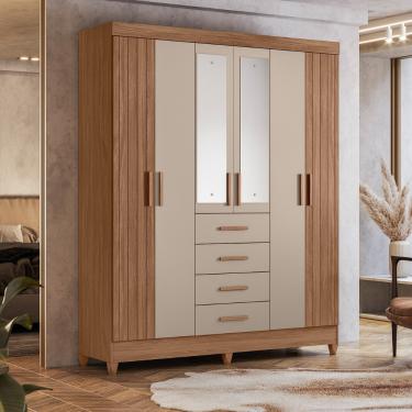 Imagem de Guarda Roupa Solteiro Frisado com Espelho 6 Portas 4 Gavetas e Pés Aruba Moval - Carvalho/Fendi