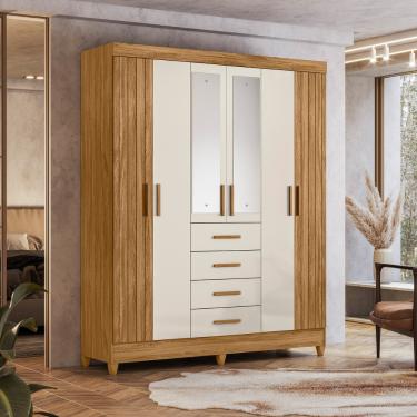 Imagem de Guarda Roupa Solteiro Frisado com Espelho 6 Portas 4 Gavetas e Pés Aruba Moval - Freijo/Off White