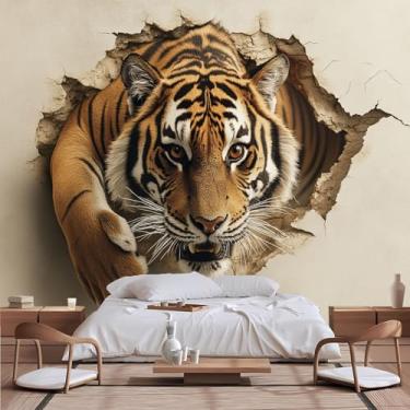 Imagem de Lcythiazole Efeito 3D Tiger Breaking - Through - Mural de papel de parede - Tamanho personalizável, autoadesivo e removível para sala de estar, quarto, sala de jantar