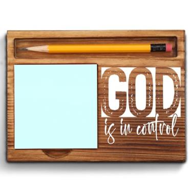 Imagem de God is in Control Porta-notas adesivas cristãs, acessórios de mesa religiosos para mulheres, homens, colegas de trabalho, presentes de oração de madeira inspiradores, versículo da Bíblia, suporte de