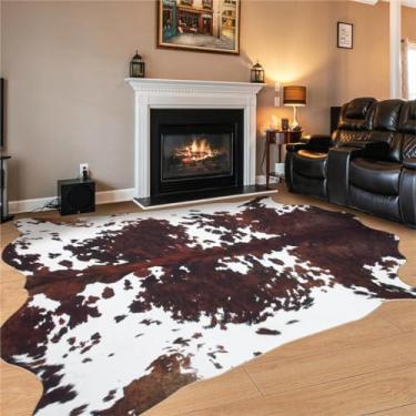 Imagem de Tapete de couro bovino com estampa de vaca 15 x 18 m, tapetes grandes de couro de vaca para sala de estar, quarto, sala de jantar, casa, escritório, marrom com estampa de animal