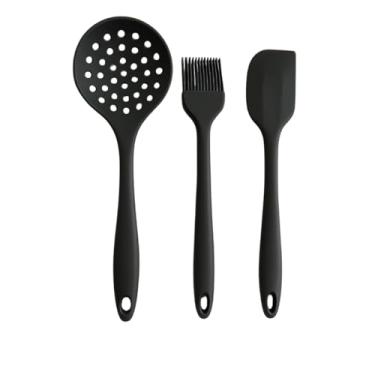 Imagem de Conjunto de Utensílios de Cozinha 3 Peças Escumadeira Pincel de Silicone e Espátula Na Cor Preta Original