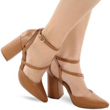 Imagem de Sapato Scarpin Salto Grosso Tiras Confortável P136 - Modarpe, Marrom, 