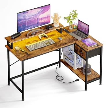 Imagem de Fixwal Mesa de jogos para quarto, mesa de computador de canto pequena em forma de L com tomadas elétricas e luzes LED, mesa de computador, mesa de escritório doméstico com gaveta, mesa de estudo