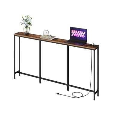 Imagem de CHOEZON Mesa de console estreita de 160 cm com tomada elétrica de 18 cm, mesa de sofá longa atrás com estação de carregamento, mesa de entrada para corredor, sala de estar rústica marrom e preto