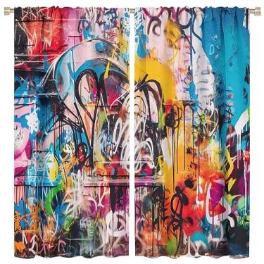 Imagem de Cortinas de grafite coloridas, cultura de rua hip-hop, arte de grafite de parede Harlem, impressão de elementos musicais em spray, adequadas para meninos, quarto, sala de estar, cortinas blackout de
