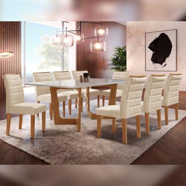 Imagem de Conjunto Sala De Jantar Nápoles Tampo Vidro/Mdf Com 8 Cadeiras Genova Smart Plus Cel Móveis Cinamomo/Off White/Bege