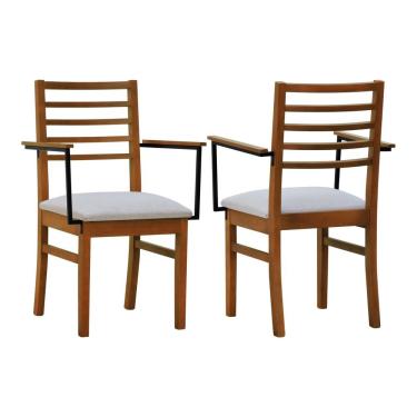 Imagem de Kit 2 Cadeiras Tiê Madeira Maciça Encosto Ripado C-braço Metal - Amêndoa Assento Estof. Linho Bege Mescla Impermeável