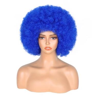 Imagem de Aminow Peruca Afro Feminina Dos Anos 70, Curta Azul Cacheada, Sintética Sem Cola Com Franja, Fofa E Elástica, Para Cosplay Diário