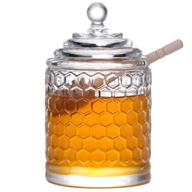Imagem de Phininia Pote De Mel Com Concha E Tampa, Tampa Vidro Grossa Madeira, Recipientes Boca Larga Para Alimentos, Dispensador Líquido, Xarope Bordo, Geleia Real, Mesa Jantar