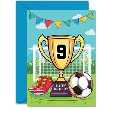 Imagem de Stuff4 Cartão de aniversário para meninos de 9 anos - Troféu de vencedores dos campeões - Cartão de aniversário de futebol para meninos de 9 anos, cartões de saudação A5 Footy