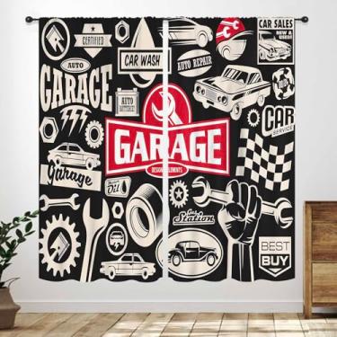 Imagem de Cortinas de janela de garagem, retrô, homem, reparo, veículo, garagem, ferramentas, galpão, oficina, automóvel, peças de carro, motor, preto, vermelho, vintage, bares, cortinas, tratamentos para