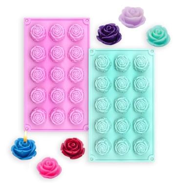 Imagem de MEMOVAN Molde de sabão de silicone rosa com 15 cavidades, 2 peças, molde de fondant de silicone de flor 3D, forma de rosa, molde de vela de resina para decoração de bolos de açúcar, sabonete