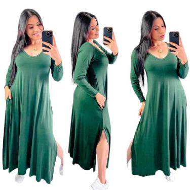 Imagem de Vestido longo gola v com fenda lateral  manga longa - Neide modas, Ver
