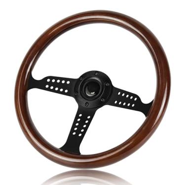 Imagem de QYMOPAY Volante de Corrida de Madeira de 14", Volante Universal com 6 Furos e Botões de Buzina, Volante com Raios Pretos Multifuros para Rally/Automobilismo/Simulador de Carro (Moldura Preta)