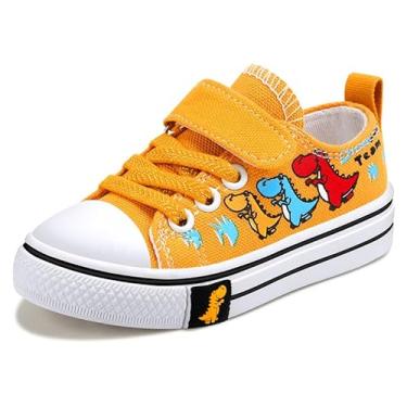 Imagem de Cozystep Tênis infantil de lona para meninos e meninas, desenho animado Dinasour, unissex, com alça ajustável, sapatos preguiçosos com gancho duplo e laços, Dinasour amarelo, 6 Toddler
