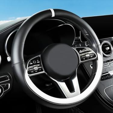 Imagem de Capa de volante de couro napa preto e branco, capa universal para volante de carro de 36,8-38 cm, antiderrapante, respirável, absorvente de suor, acessórios para carros