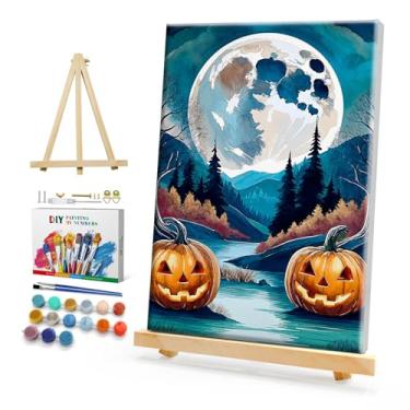 Imagem de HeeBenor Kit de pintura por números de Halloween para adultos com moldura, pintura de lua de abóbora por número com cavalete, kits de pintura para adultos DIY Halloween por números em tela emoldurada