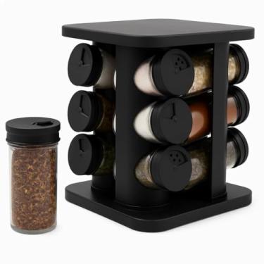 Imagem de Porta Temperos e Condimentos de Vidro com Suporte Giratório Quadrado c/12 Potes de 85ml para Cozinha Preto Casa Buritis