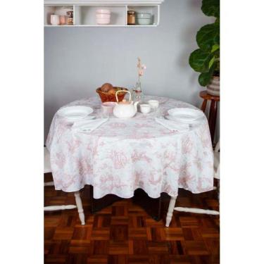 Imagem de Toalha de Mesa Redonda em Tecido Jacquard Estampado Toile de Jouy Rose