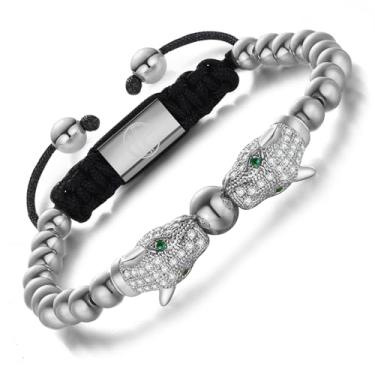 Imagem de WP WEPICK Pulseiras masculinas banhadas a ouro 18 quilates de aço inoxidável, cabeça de leopardo, olho de tigre, contas de ônix pretas feitas à mão, pulseira masculina, ajustável, presente de