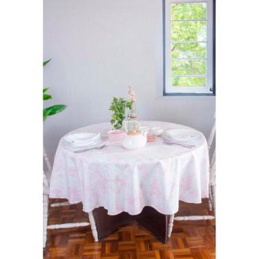Imagem de Toalha de Mesa Redonda em Tecido Jacquard Estampado Toile de Jouy Rosa