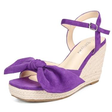 Imagem de girgod Sandálias femininas de alpargatas com laço, plataforma, salto alto, bico aberto, tira no tornozelo, verão, casamento, Roxa, 35