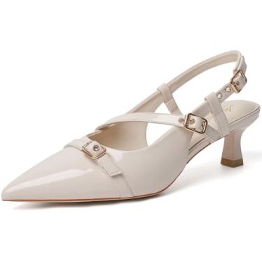 Imagem de Mostrin Salto gatinho Slingback para mulheres, salto baixo, bico fino, fechado, bico fino, fivela e alça para uso diário, casamento, Creme nº 02, 40