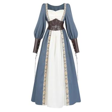 Imagem de LTAKK Fantasia renascentista feminina vestido medieval Ren Faire maxi vestidos com espartilho, Azul, G