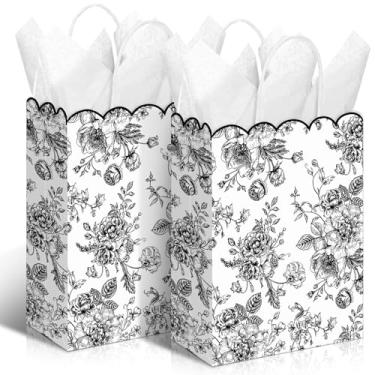 Imagem de Kolldenn 24 peças de sacos florais pretos para lembrancinhas de festa com alças recortadas flores silvestres para presente de doces e guloseimas para decoração de aniversário para chá de bebê nupcial