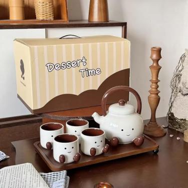 Imagem de Scizorito Conjunto de chá de porcelana, estampa de desenho animado fofo, um pote e quatro xícaras, adequado para reuniões de família, aniversários, dia das mães, Natal (anão)