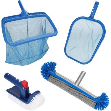 Imagem de KUJOBUY Kit de limpeza de piscina Ferramenta de limpeza para piscina Conjunto de limpeza profissional: Escumadeira de folhas, rede de malha, esfregão de cabeça de escova de 43 cm conjunto de 4 peças