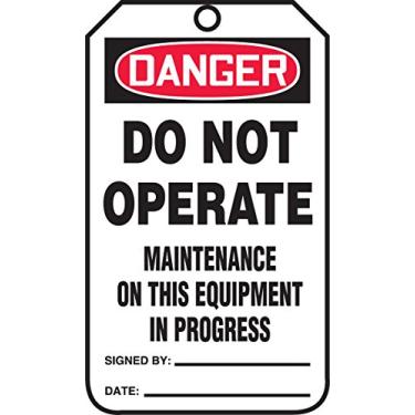 Imagem de Accuform Etiqueta de segurança MDT208CTP PF-Cardstock, legenda "DANGER DO NOT OPERATE MANUTENANCE ON THIS", 14,6 cm de comprimento x 8,3 cm de largura x 0 cm de espessura, vermelho/preto sobre branco