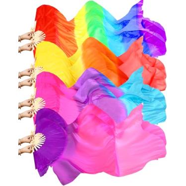 Imagem de Thyle 4 pares de véus femininos de seda artificial de 1,8 m para fãs de dança do ventre leque de bambu longo nacional cores leques de seda para dançarina mão esquerda direita, 4 estilos (cor brilhante