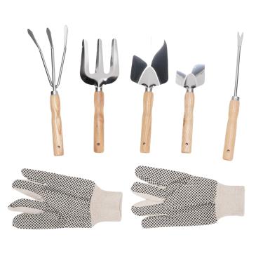 Imagem de Pssopp Ferramentas de Jardim Pá, 6 Em 1 Ferramentas de Jardim Aço Inoxidável Pá Trowel Extrator Ancinho Garfo Mão Com Madeira Handle Canvas Luvas para Crescer Vegetais Flores