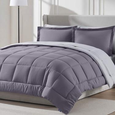 Imagem de Nestl Conjunto de edredom completo de 9 peças – Cama reversível roxa acinzentada em uma bolsa – Conjunto completo de cama de casal com lençóis, travesseiros alternativos de plumas, fronhas e fronhas