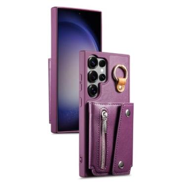 Imagem de HAOMRIYL Capa de couro para Samsung Galaxy S25 Ultra/S25 Plus/S25, capa carteira com compartimento para cartão com zíper, função de suporte, anel de dedo, capa protetora, roxa, S25plus