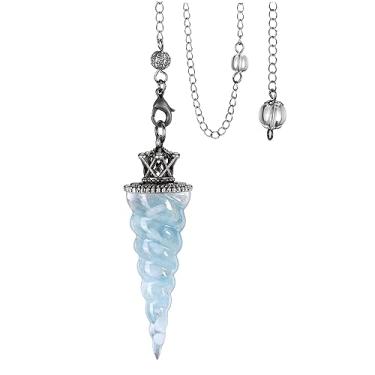 Imagem de Jovivi Pêndulos de cristal de água-marinha natural para adivinhação, coroa sprial cone pontudo pingente pêndulo com corrente, pedras de lascas de resina cura Reiki Chakra pedra preciosa pêndulo bruxaria Wicca