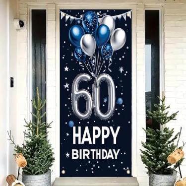 Imagem de Saoplasa Decoração de porta de aniversário de 60 anos 71 x 35 polegadas Banner balão azul e prata para artigos de festa de 60 anos feliz 60 anos decoração de parede para mulheres e homens