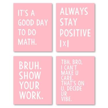 Imagem de Hxlac Conjunto de 4 impressões de arte de parede para decoração de sala de aula de matemática - arte de parede do ensino médio, pôsteres de matemática rosa e branco para o ensino médio, decoração de