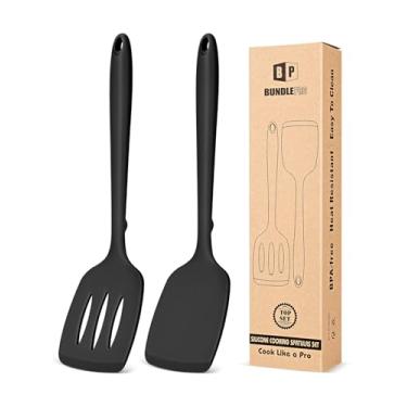 Imagem de Pacote com 2 espátulas de silicone, conjunto de espátulas de cozinha antiaderentes, resistentes ao calor, sem BPA, design de uma peça, adequado para virar peixe, ovos, bifes, panquecas (preto)