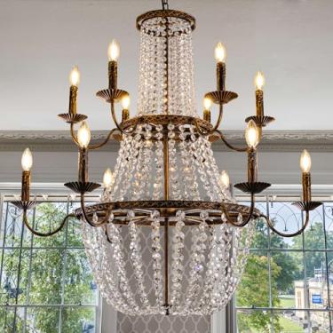Imagem de TOCHIC Lustre de cristal, lustre de sala de estar império francês de 101,6 cm, luminária rústica para tetos altos, sala de jantar, quarto, hall de entrada, escada, bronze antigo